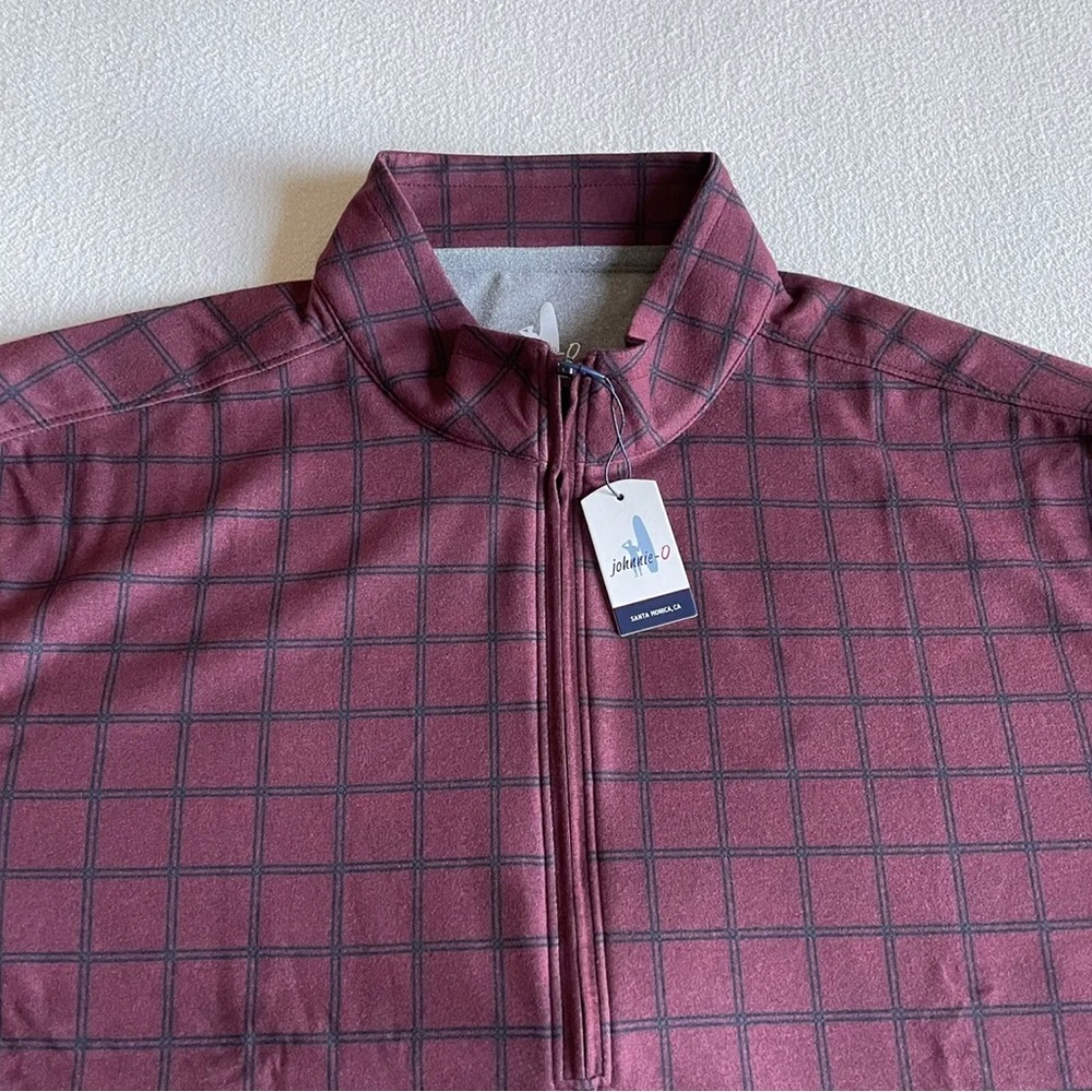 Johnnie-O Mens Russ Quarter Zip Plaid Long Sleeve Fleece Pullover Size M Maroon